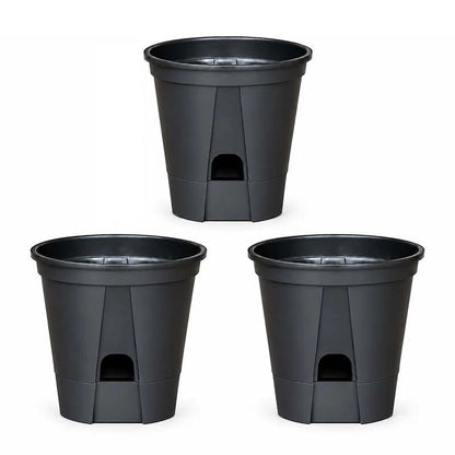 Set of 3 matte black self-watering plant pots with drainage and water reservoir, 8 inch