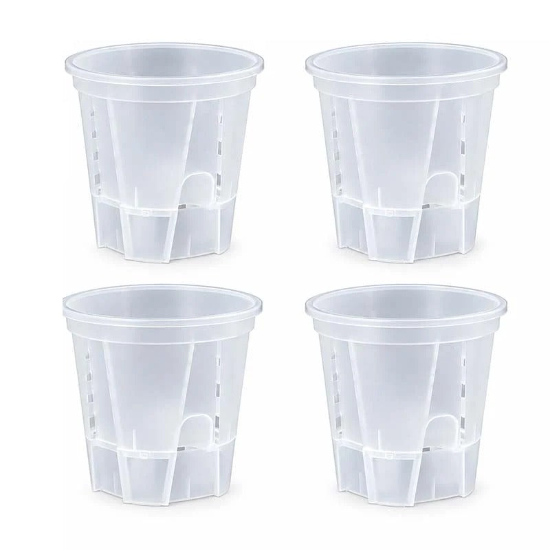 Set of 4 clear self-watering plant pots with drainage and water reservoir, 7 inch