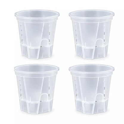 Set of 4 clear self-watering plant pots with drainage and water reservoir, 7 inch