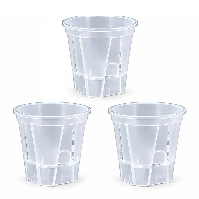 Set of 3 clear self-watering plant pots with drainage and water reservoir, 8 inch
