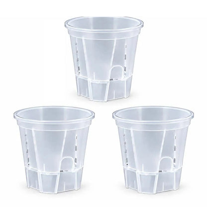 Set of 3 clear self-watering plant pots with drainage and water reservoir, 8 inch