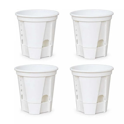 Set of 4 matte white self-watering plant pots with drainage and water reservoir, 7 inch