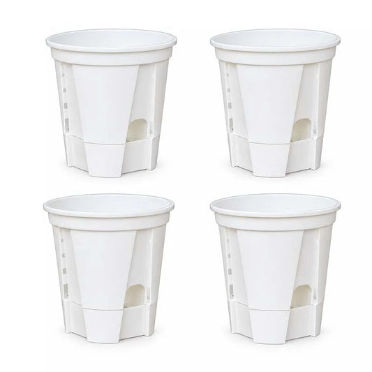 Set of 4 matte white self-watering plant pots with drainage and water reservoir, 7 inch