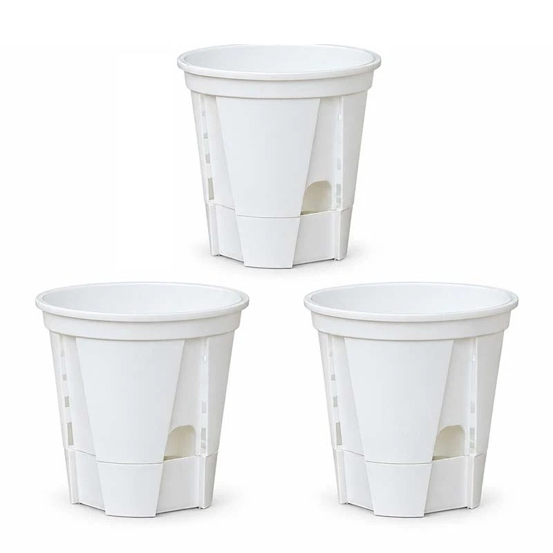 Set of 3 matte white self-watering plant pots with drainage and water reservoir, 8 inch